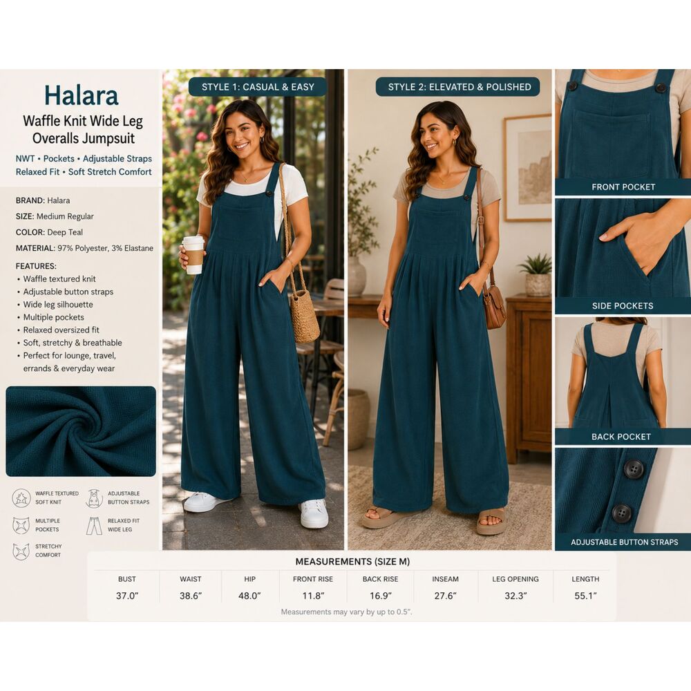 NWT Halara Women M Teal Wide Leg Overalls Jumpsuit Adjustable Pockets Lounge